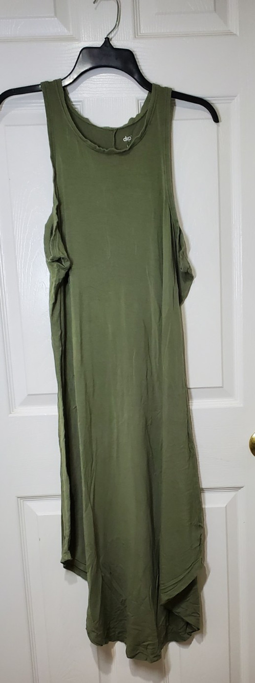DIP Womens Large Olive Green Sleeveless Swing Dress High Low Midi Rayon Stretch